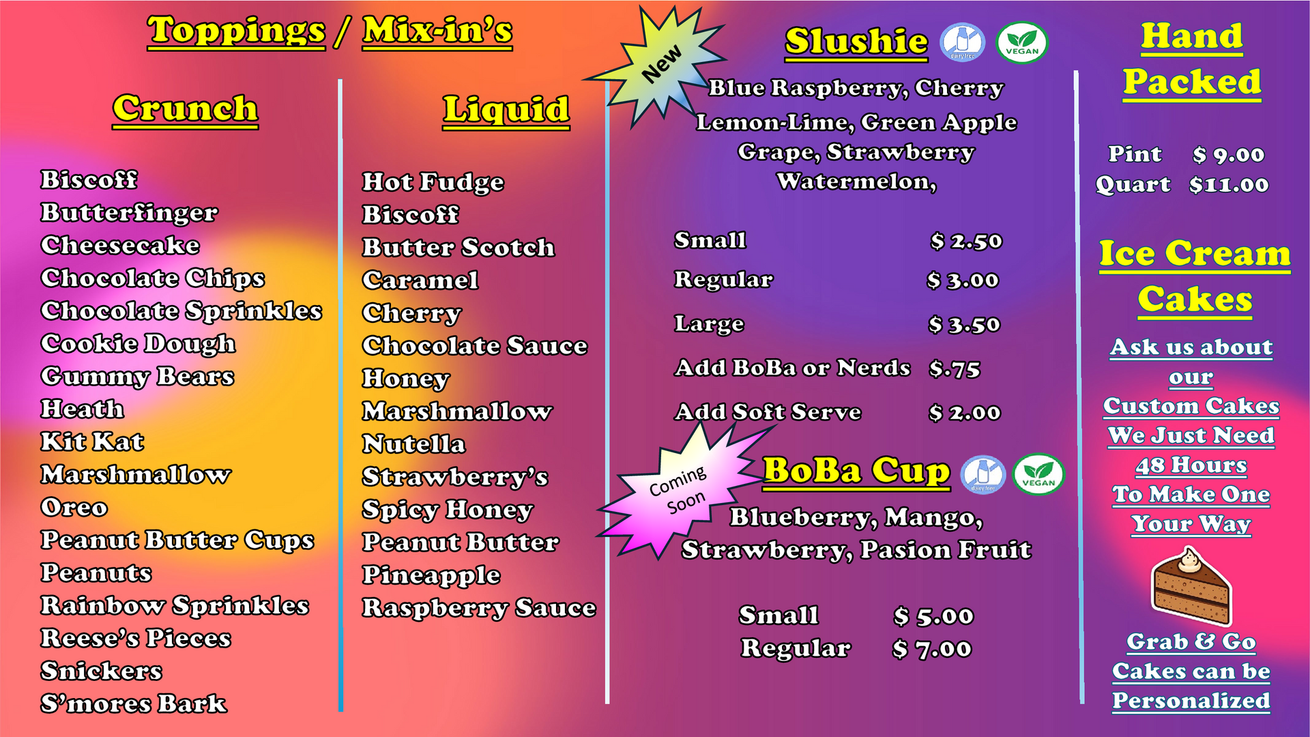 Flavor menu poster listing donut flavors in white text on a pastel, sprinkle-covered background
