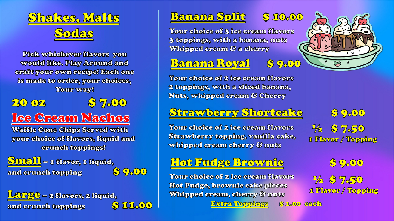 Flavor menu poster listing donut flavors in white text on a pastel, sprinkle-covered background