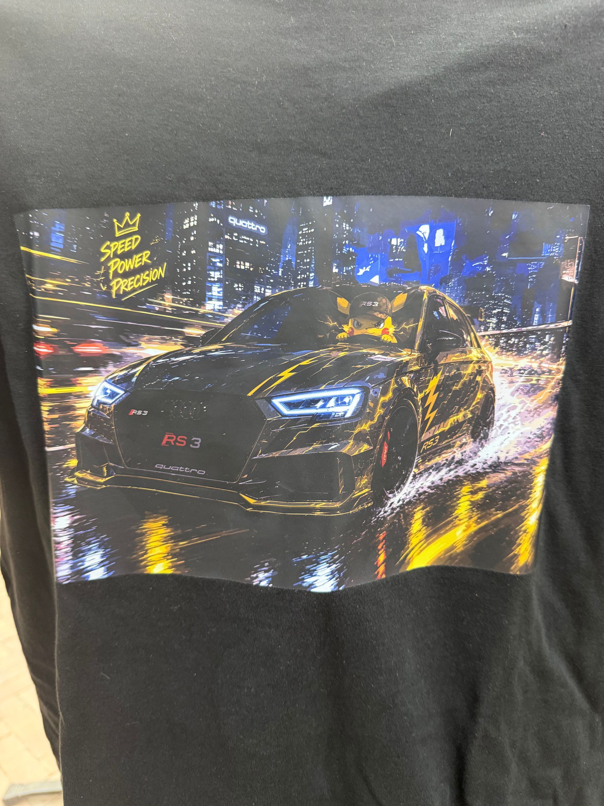 Zwart T-shirt met Audi RS3 & Pikachu-print