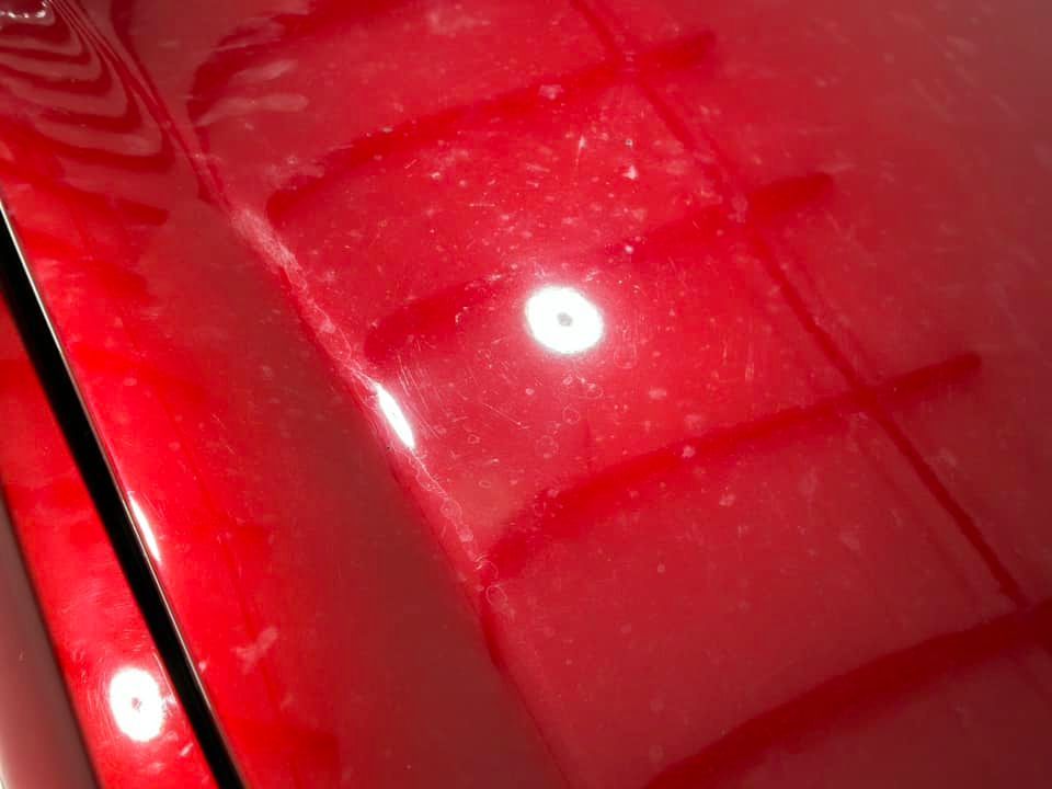A close up of a red car hood with a white spot on it.