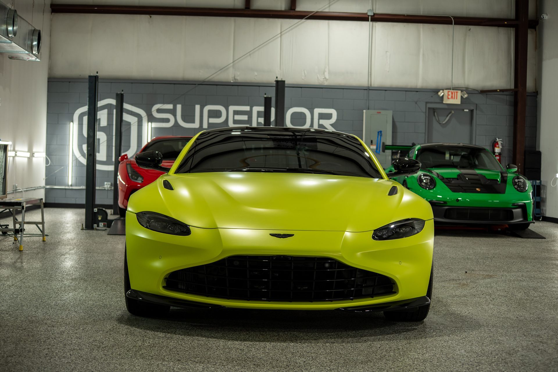 2022 Aston Martin Vantage Detailing, Suntek Ultra Matte Paint Protection Film, Modesta BC-X on the PPF, Modesta BC-06 on Wheels, Modesta EGC on Front Windshield front end view Orlando, FL
