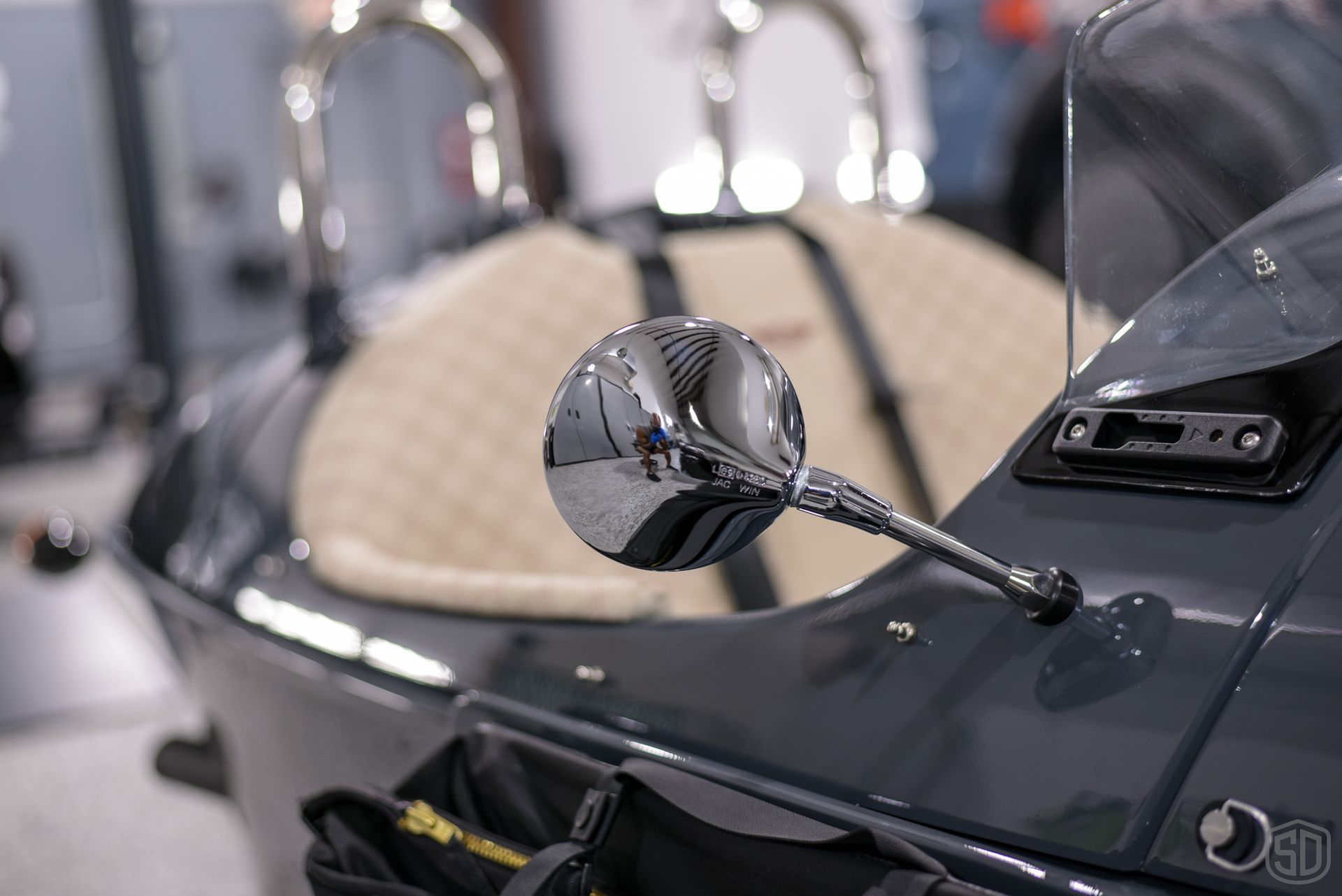 2023 Morgan Super 3 Modesta Coating, Full Body Paint Protection Film Installation mirror close up Orlando, FL