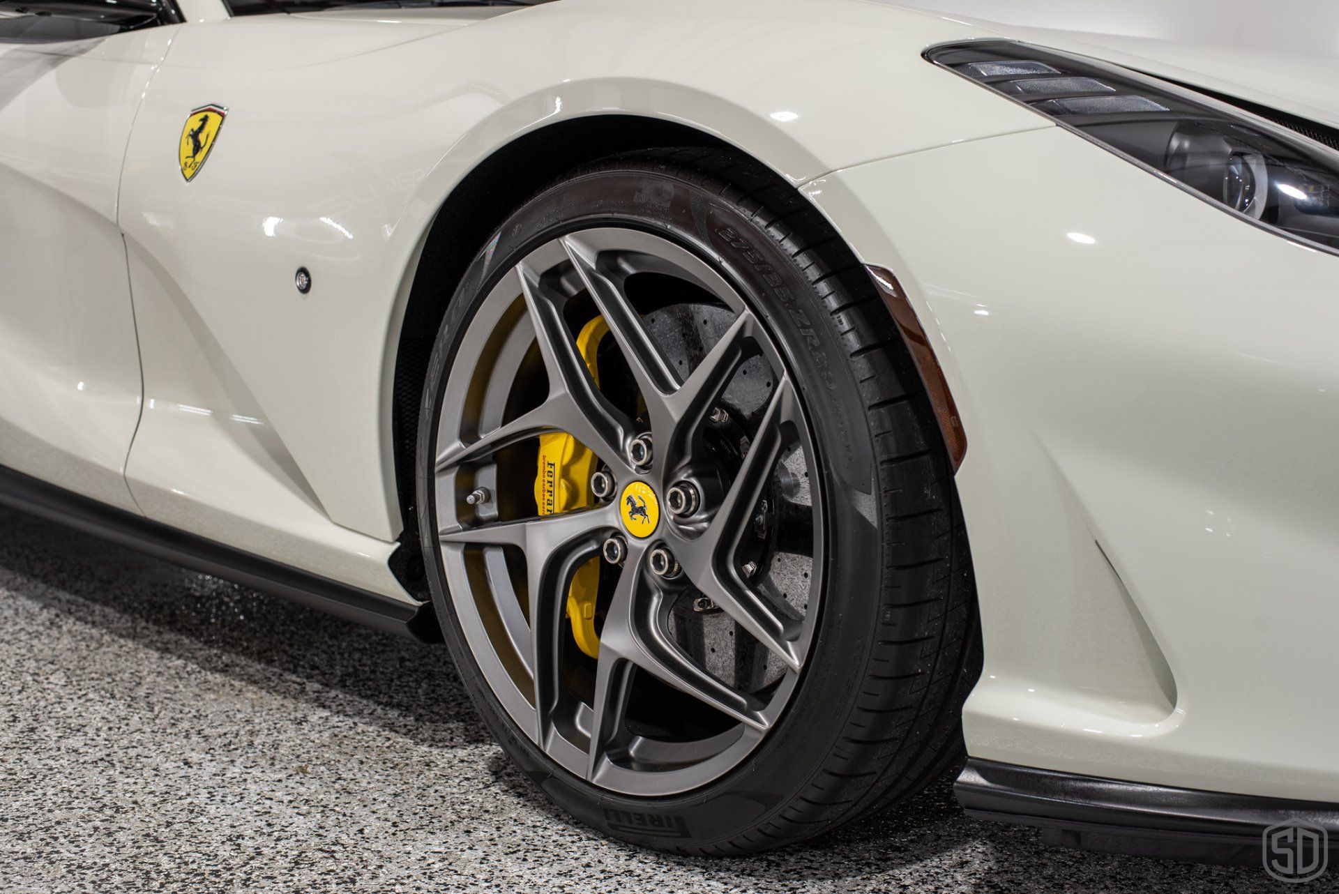 Bianco Avus Ferrari 812 Superfast Detailing, Modesta Primer, Wheel and Caliper Detailing, Interior Conditioning , PPF, Modesta BC-04 Nano-Titanium Glass Coating, and Much More wheel close up Orlando