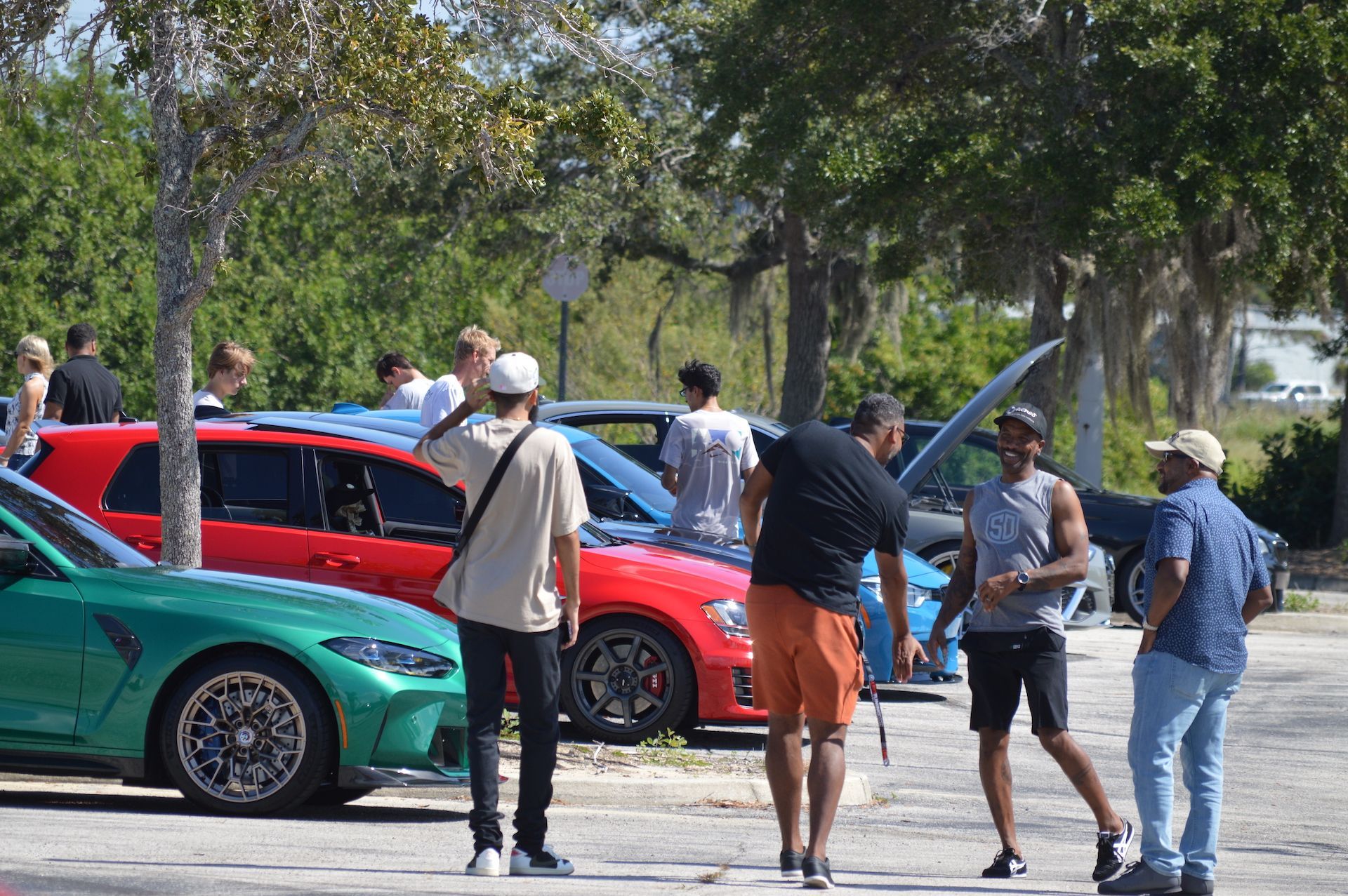 A group of people are standing in front of a row of cars.