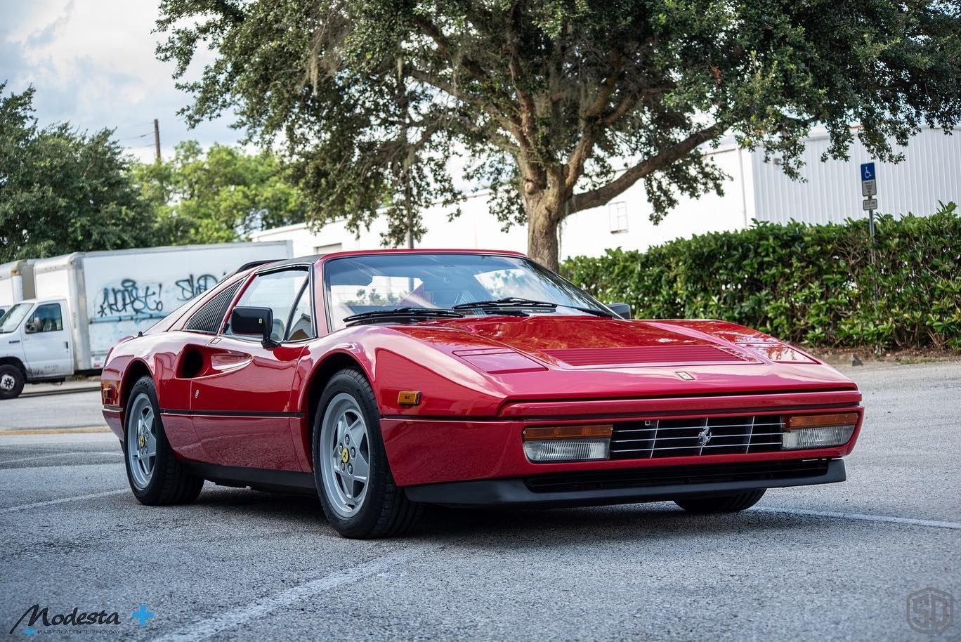 A red ferrari is parked in a parking lot next to a tree.