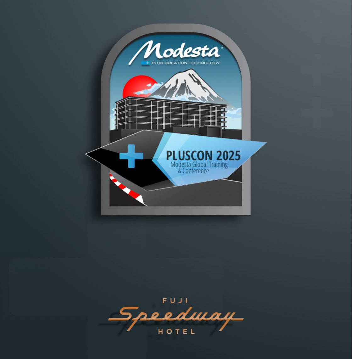 Modesta Pluscon 2025 logo: Mountain with red sun, building, plus sign, and Fuji Speedway Hotel text on a dark background.