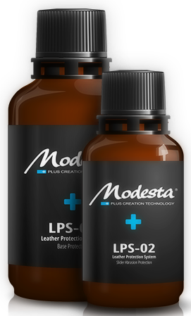 Two bottles of modesta lps leather protector are sitting next to each other on a white background.