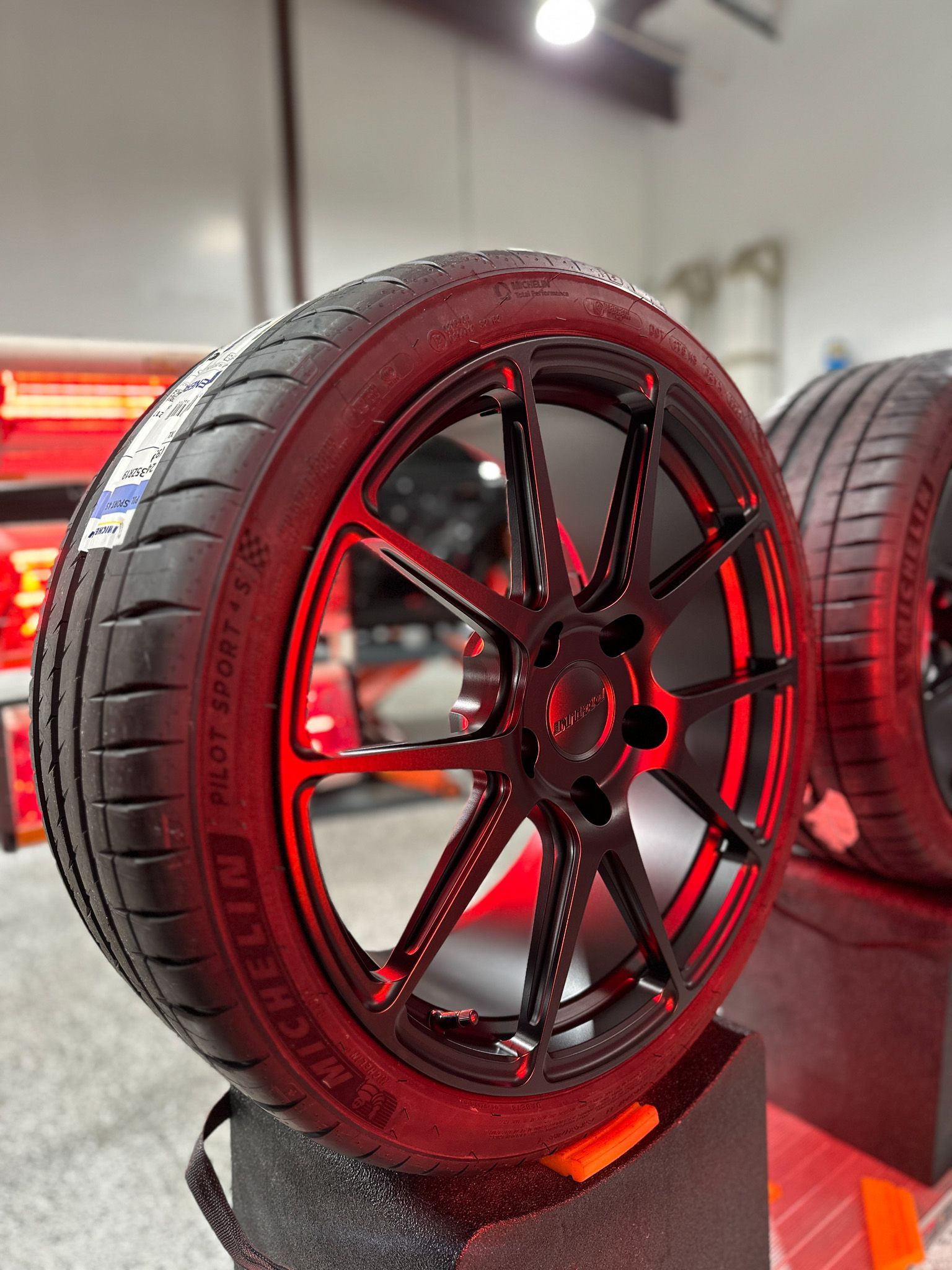 A close up of a tire with BC-06 being cured to it via IR lamp.