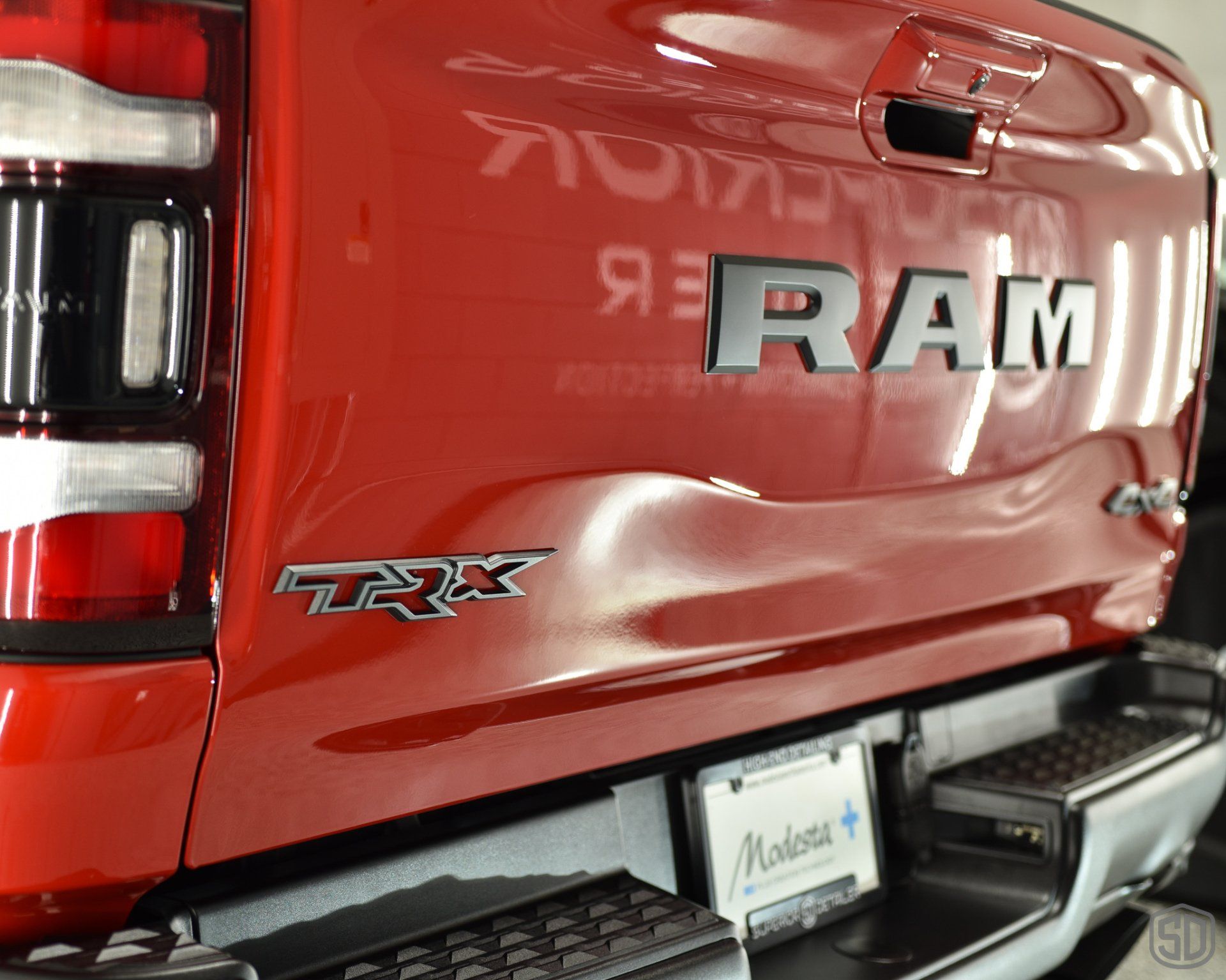 RAM TRX Stek Dynoflex windshield protection film, matte ppf, Modesta BC-04 to the paint work, Plastic trim with Modesta Exterior Plastic Coating rear close up Orlando