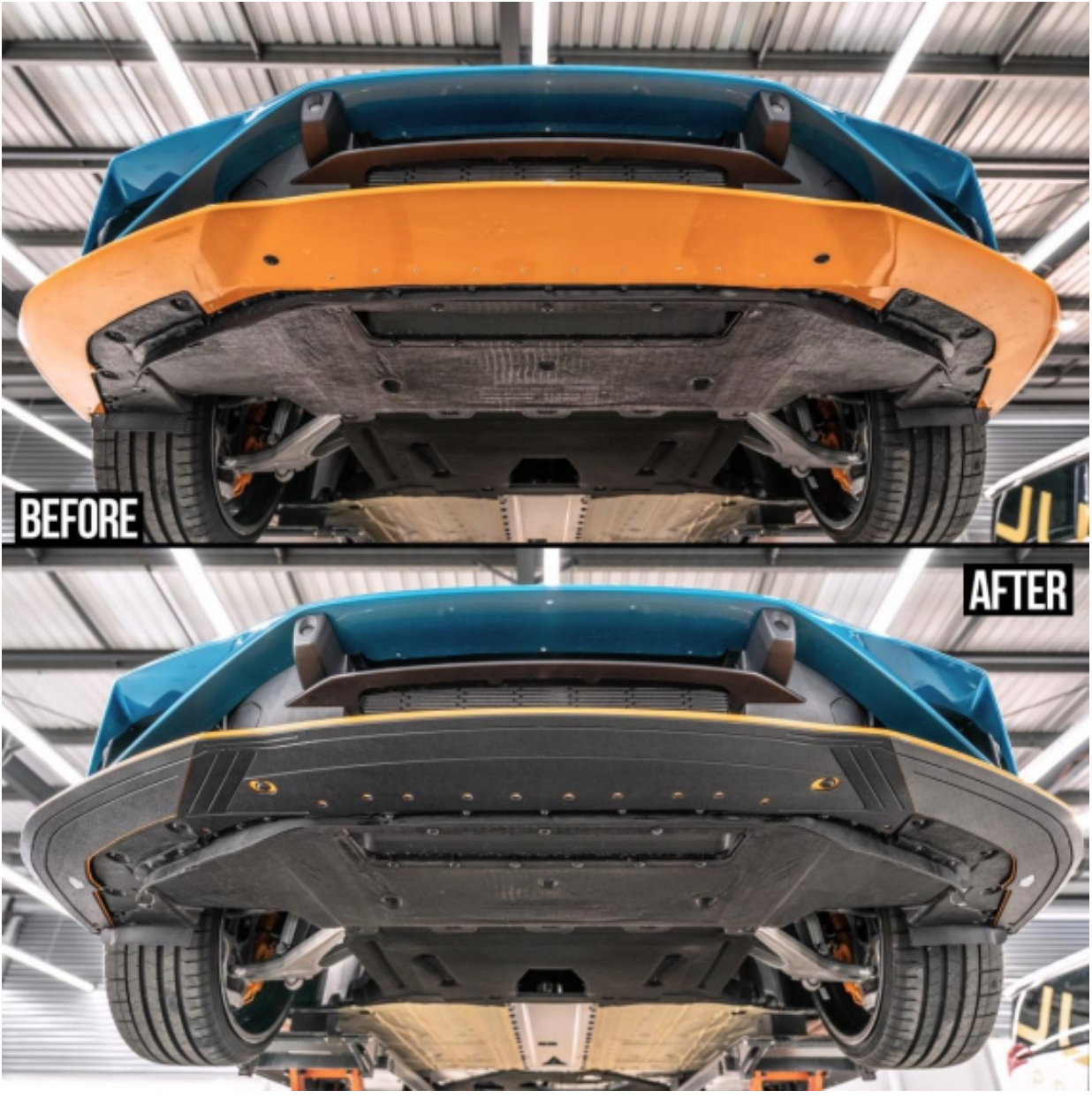 A before and after photo of a car 's underside