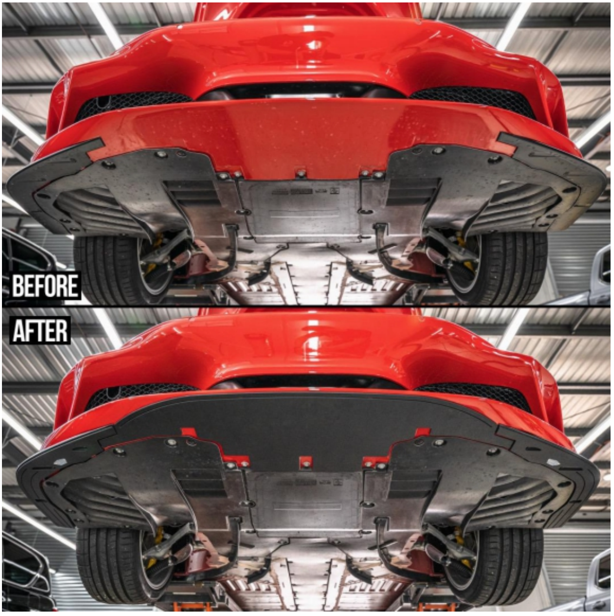 A before and after photo of a red car