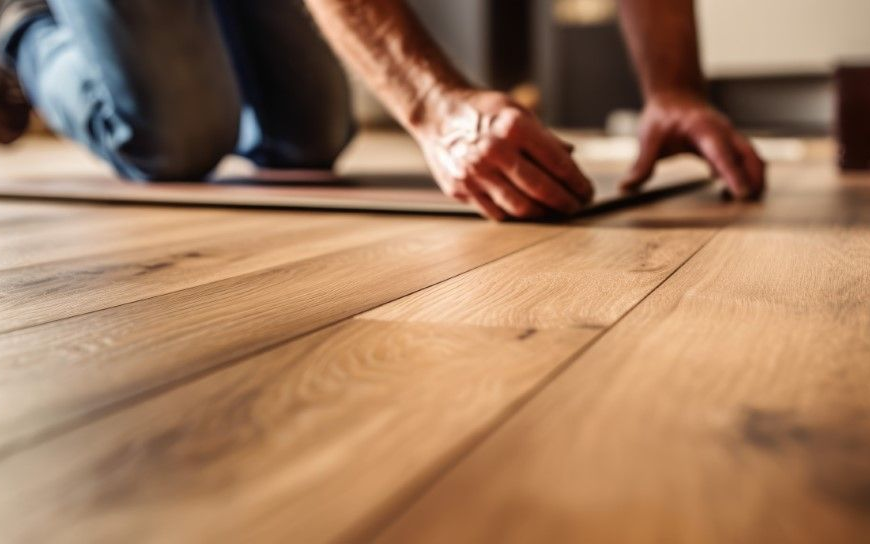 Hands measuring a wooden floor plank during installation