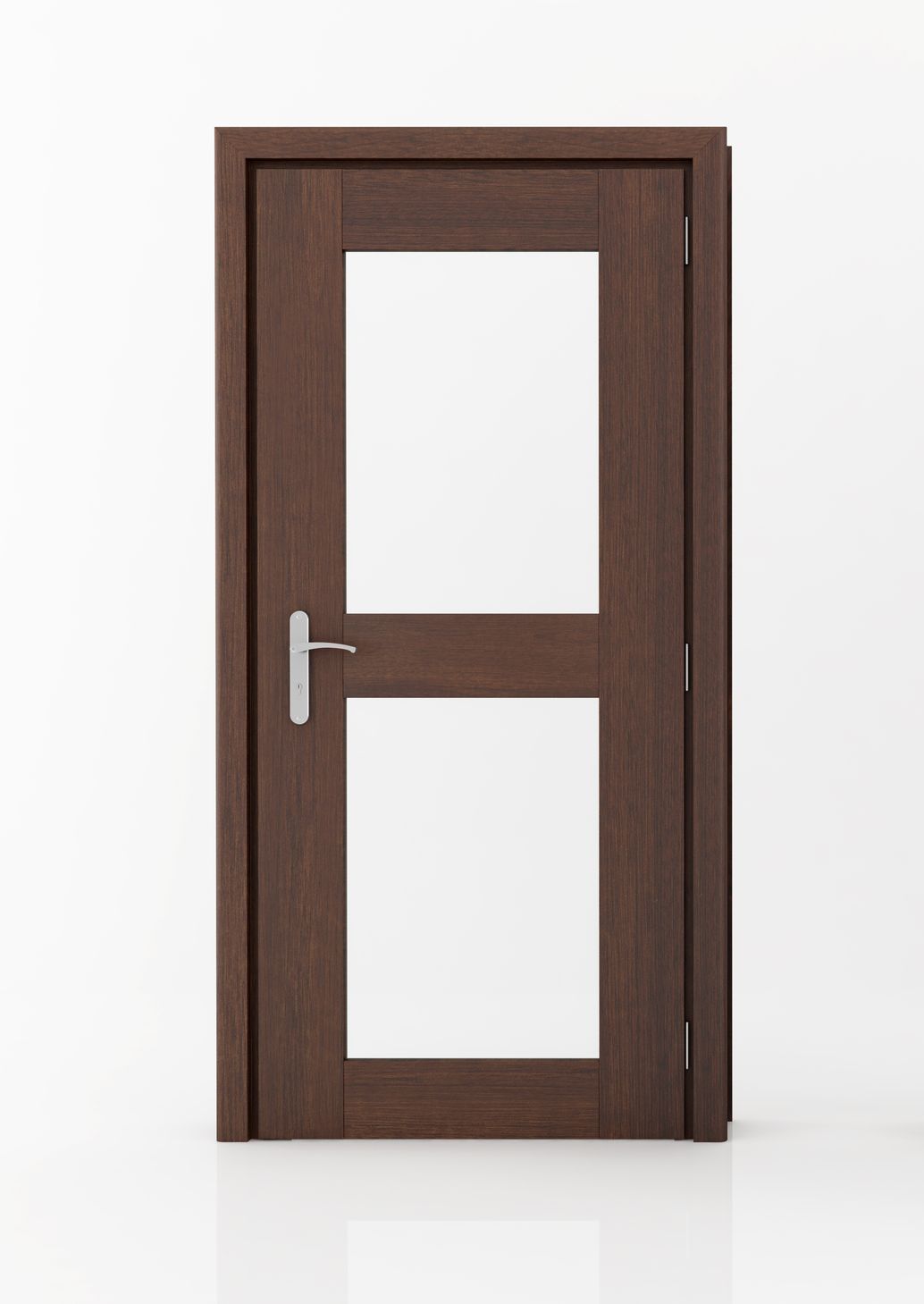 Una porta di legno con un pannello di vetro e una maniglia su uno sfondo bianco.