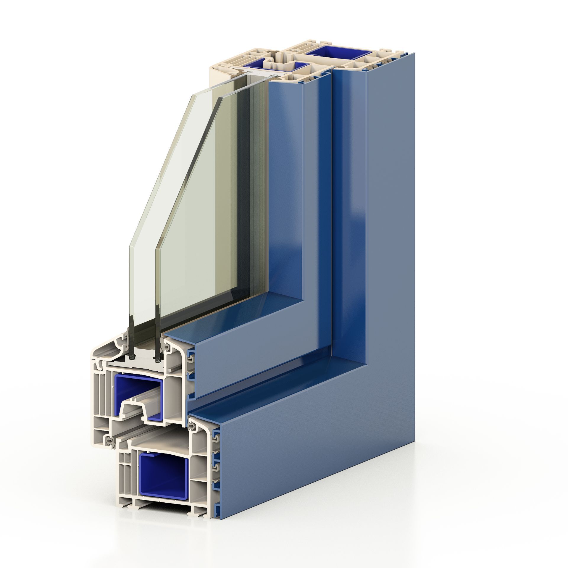Una finestra blu con cornice bianca e vetro su sfondo bianco.