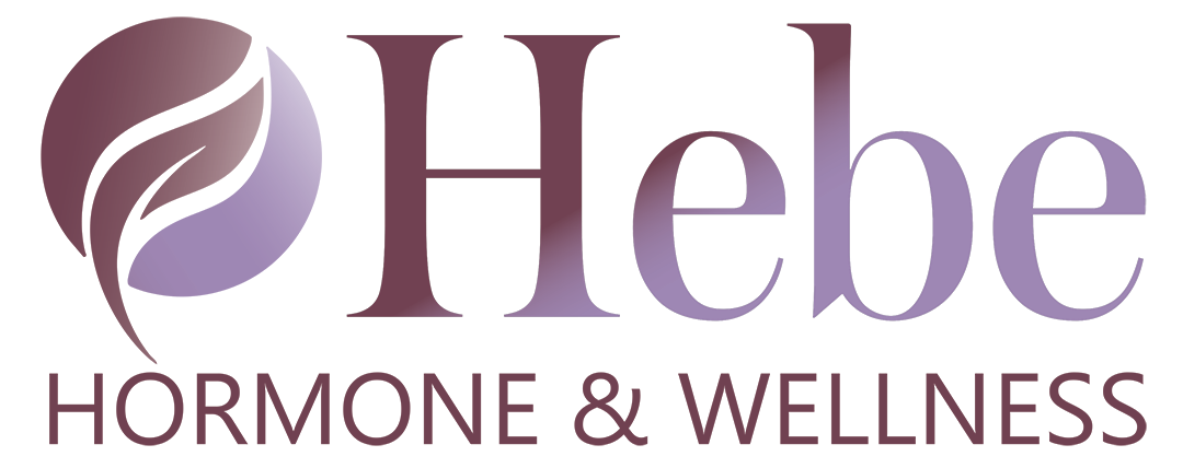 Logo for Hebe Hormone & Wellness: leaf in a circle, name in purple font, 