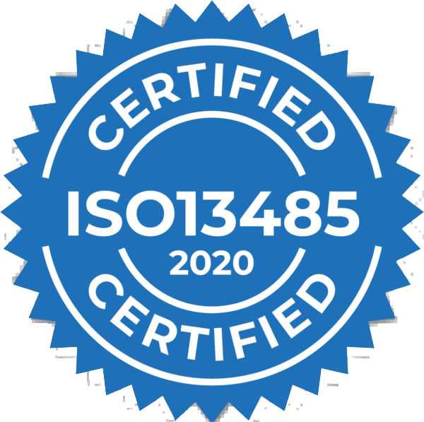 A blue seal that says certified iso13485 2020