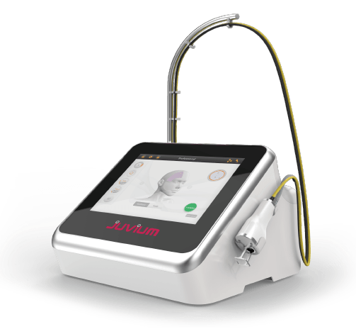 A white device with a screen and a hose attached to it.