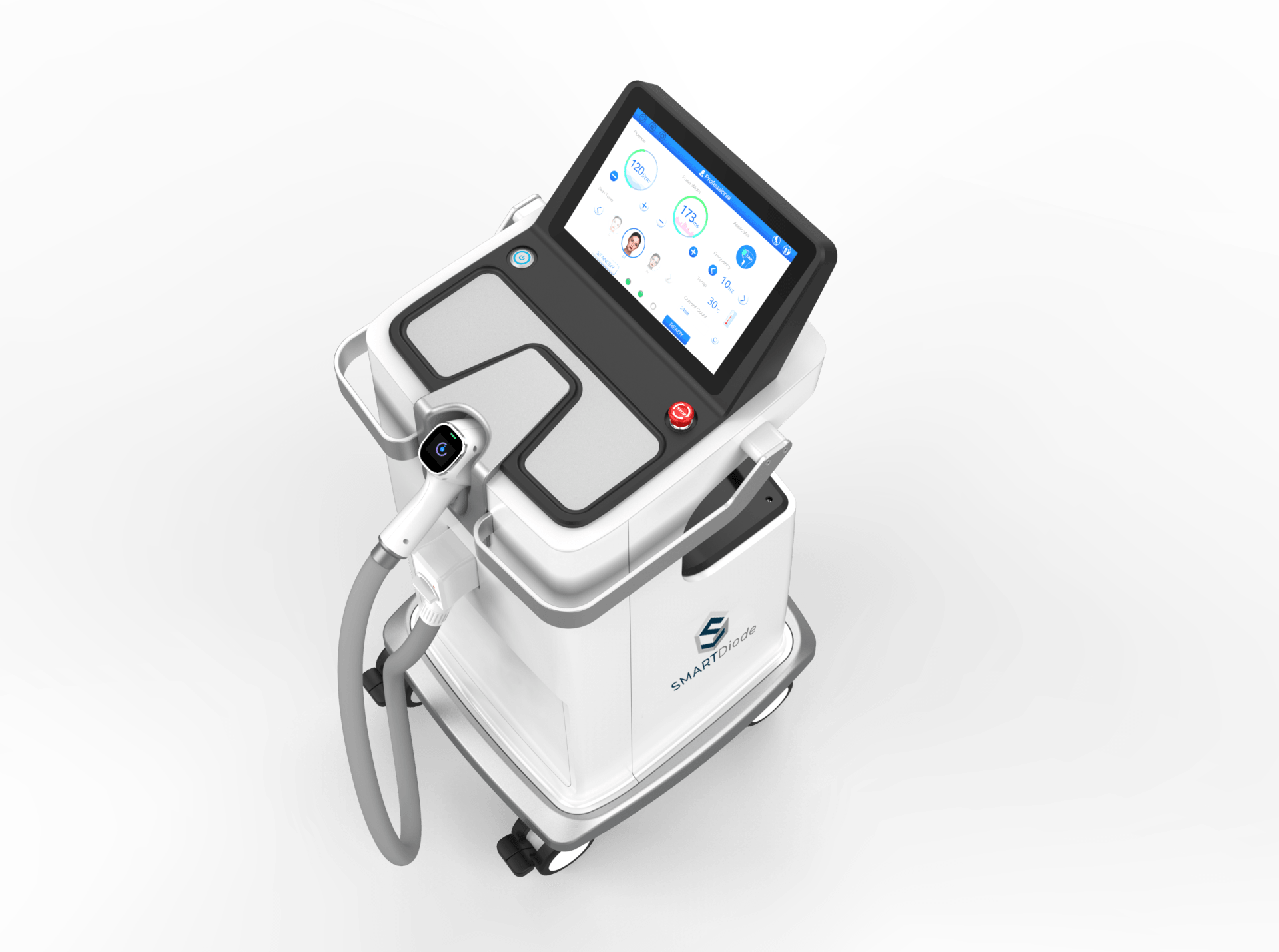 A laser hair removal machine is sitting on a cart on a white background.
