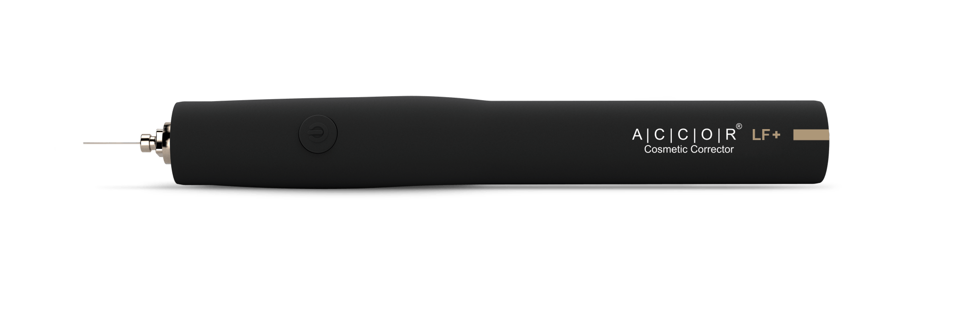 A black pen is sitting on a white surface.