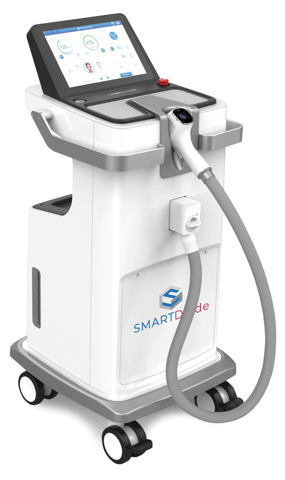 A laser hair removal machine is sitting on a cart on a white background.