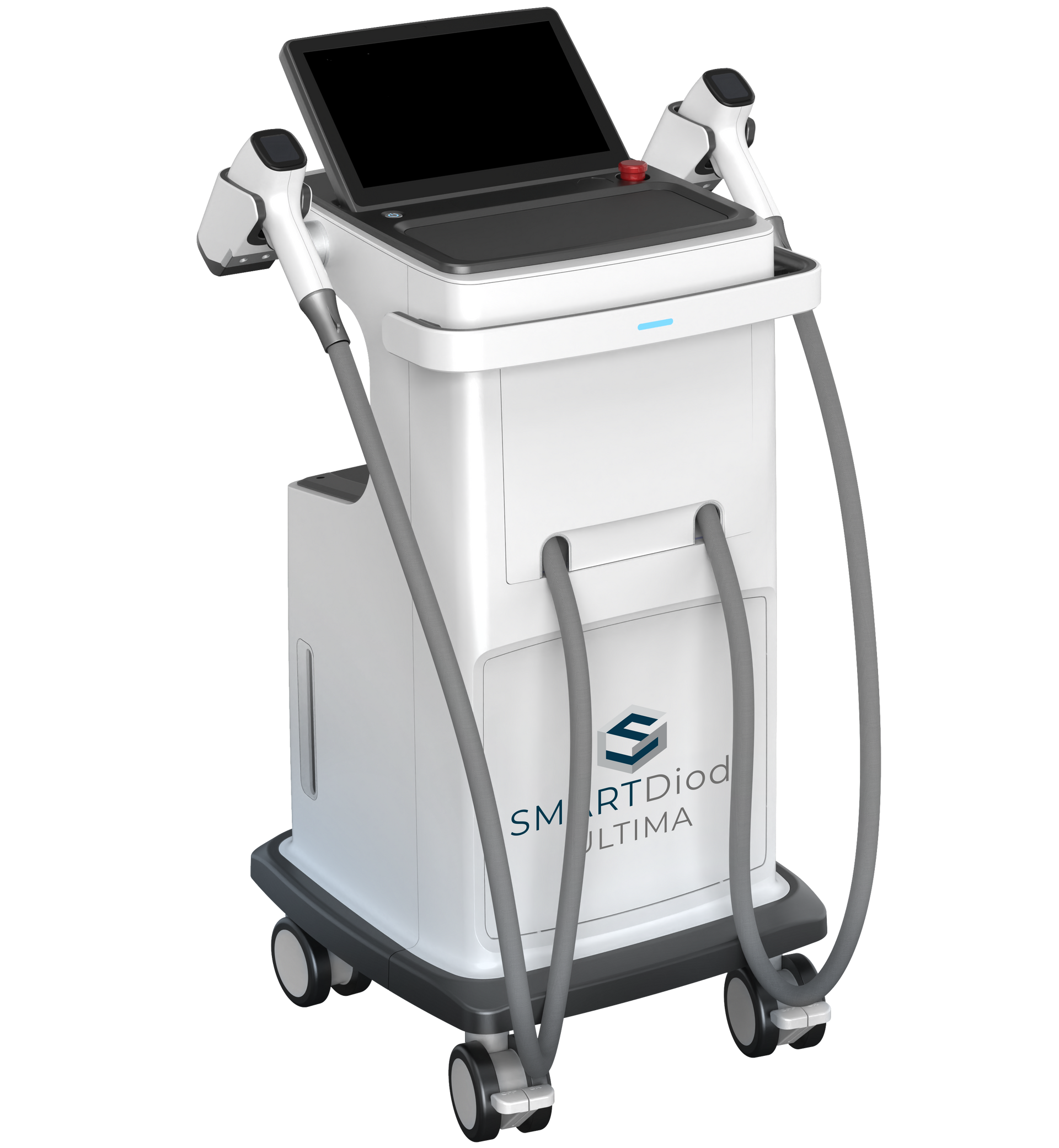 A laser hair removal machine is sitting on a cart on a white background.