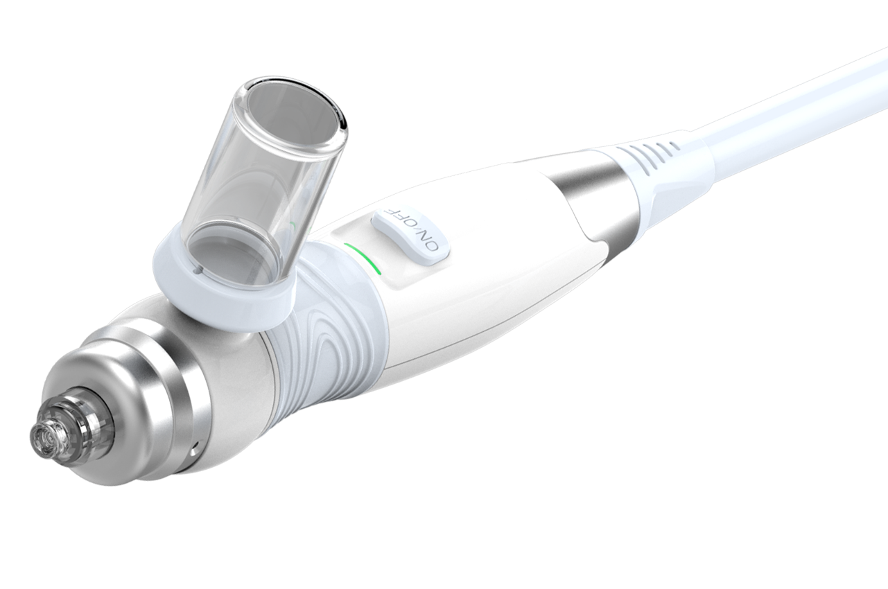 A close up of a device with a hose attached to it on a white background.