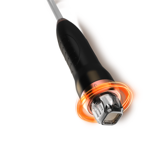 A close up of a device with an orange ring around it