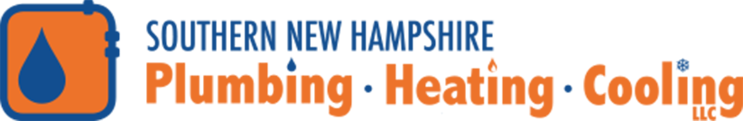 Logo for Southern New Hampshire Plumbing, Heating, Cooling. Orange square with blue water drop icon, orange text.