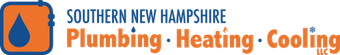 Logo for Southern New Hampshire Plumbing, Heating, Cooling. Orange square with blue water drop icon, orange text.