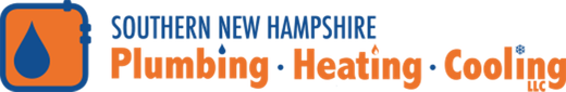 Logo for Southern New Hampshire Plumbing, Heating, Cooling. Orange square with blue water drop icon, orange text.