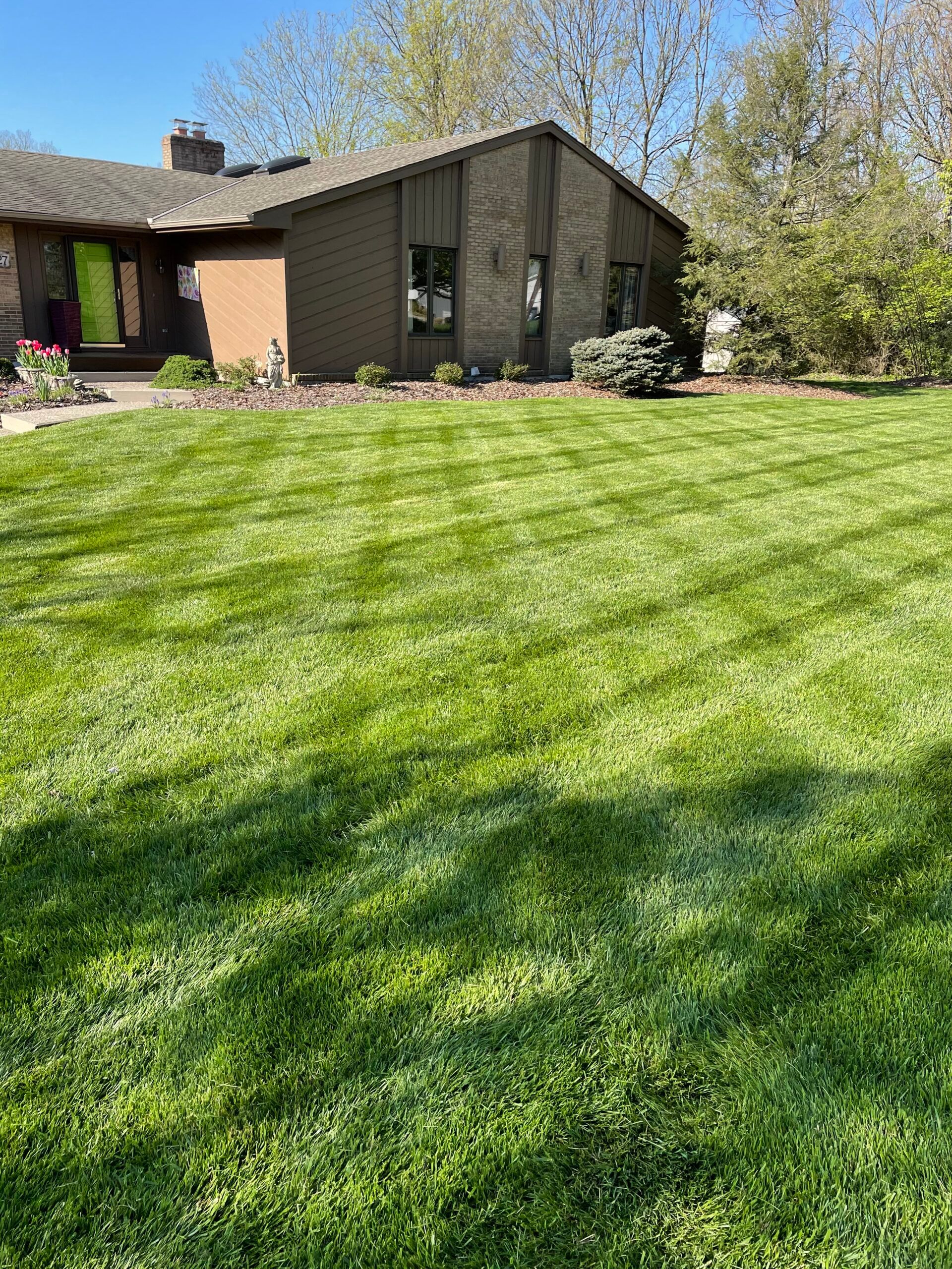 Green lawn in front of a brown house with a darker roof. Bright day, some trees.