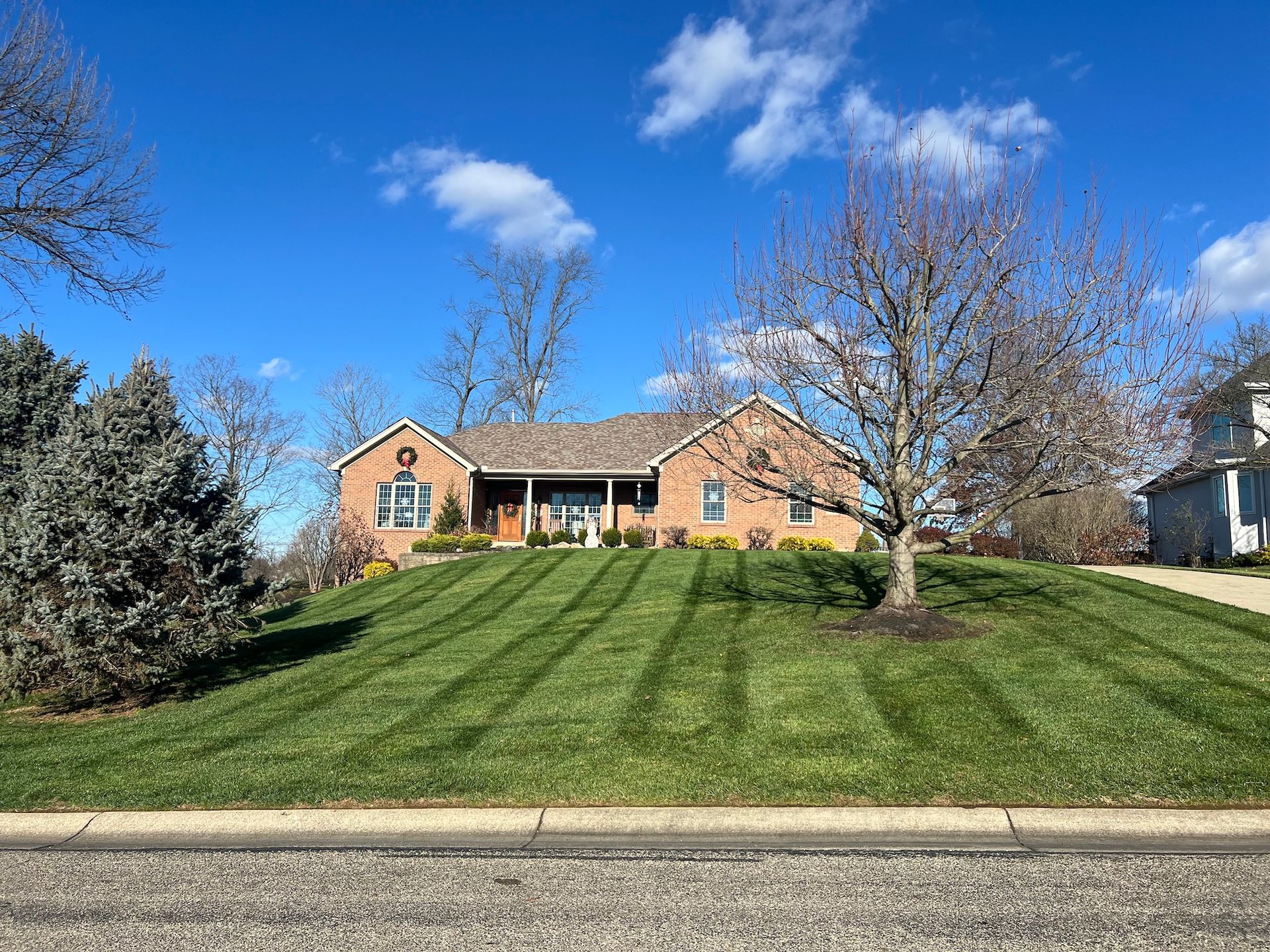 Brick house on a grassy hill with striped lawn, blue sky, and bare trees.