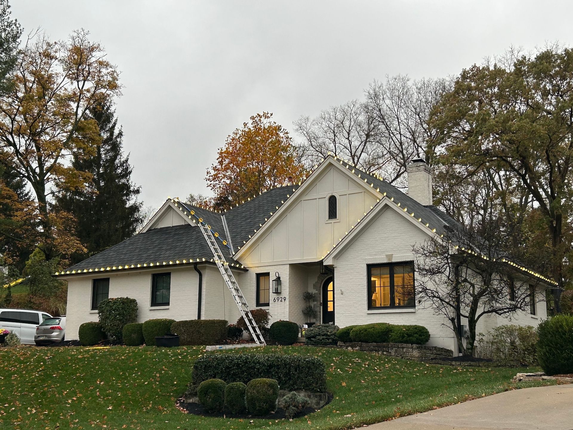 White house with Christmas lights on the roof, a ladder, and fall foliage.