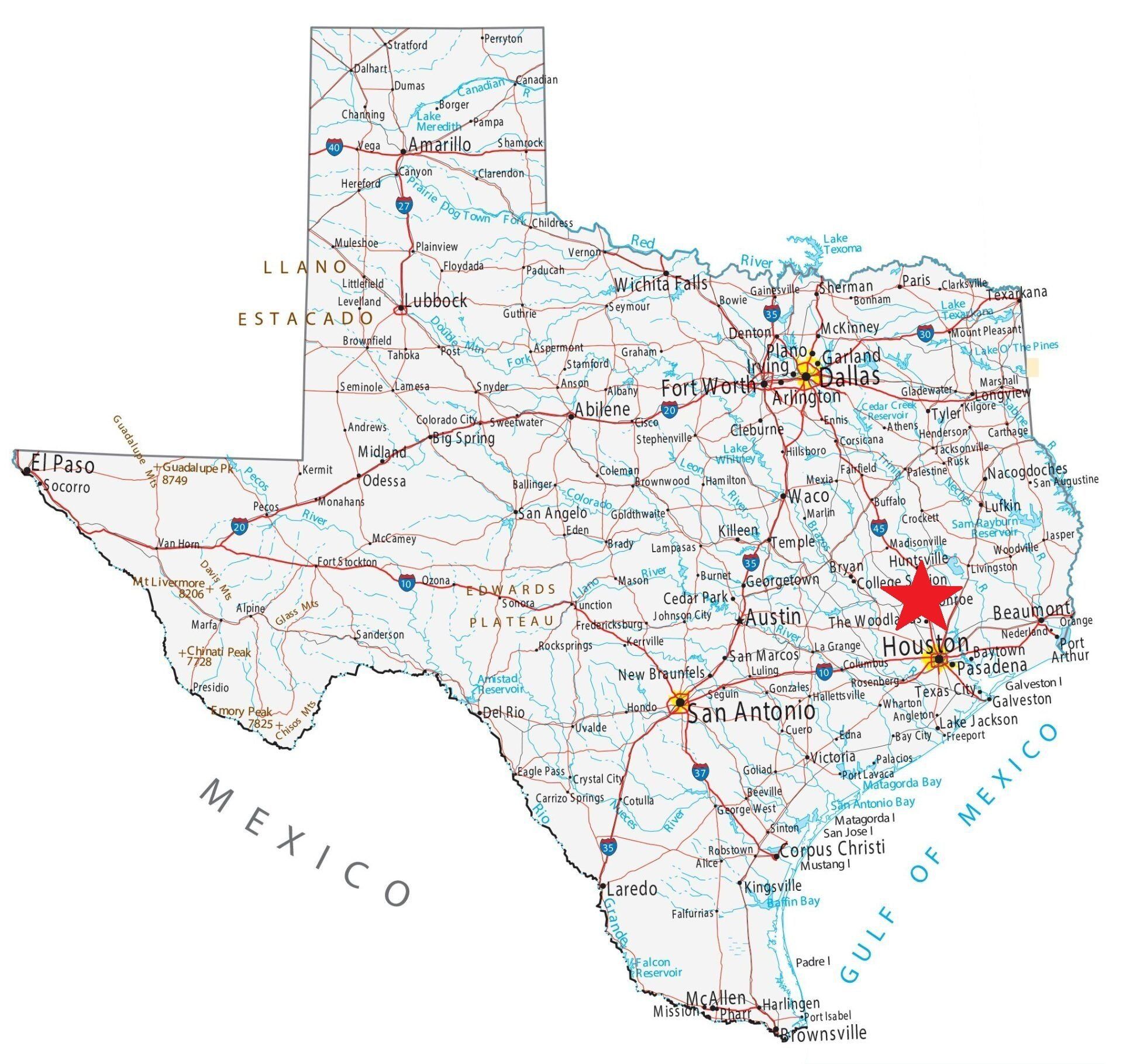 Map of Texas with a red star and a smaller yellow star near the Gulf Coast.