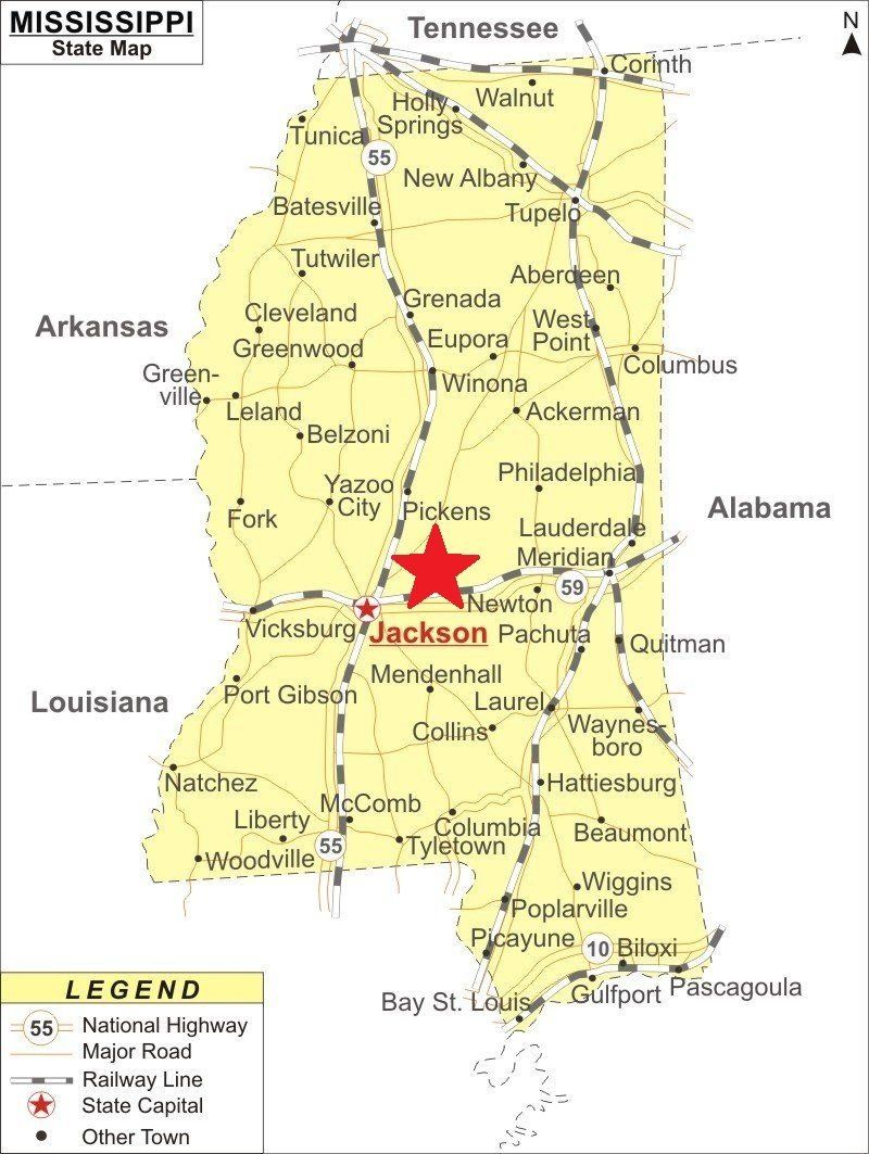 Mississippi state map with Jackson marked as the capital. Major highways are visible, and bordering states are labeled.