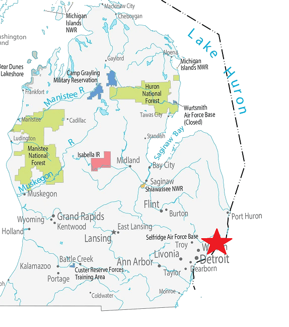 Map of Michigan highlighting Detroit with a red star and surrounding cities.
