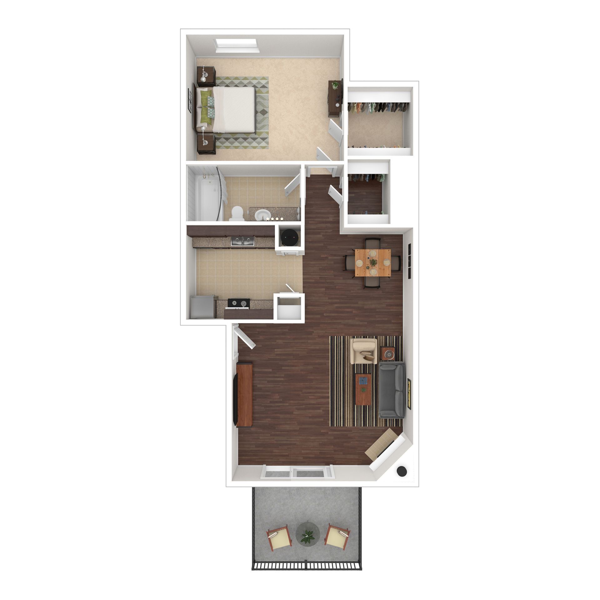 Floor plan of an apartment showing a bedroom, kitchen, dining area, living room, bathroom, and balcony.