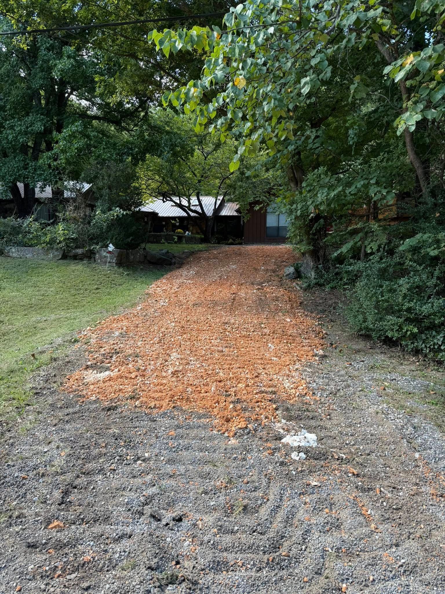 Gravel path with orange leaf pile leads to a shadowed building framed by green trees.