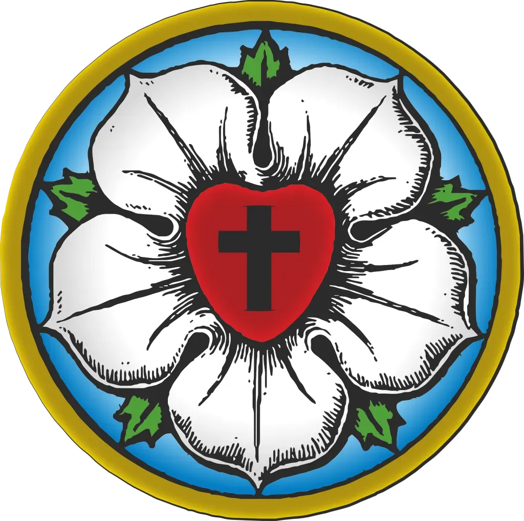 A white flower with a red heart and a cross in the center