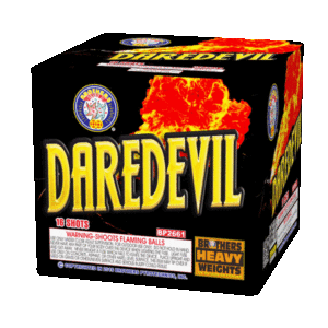 A box of daredevil fireworks is shown on a white background