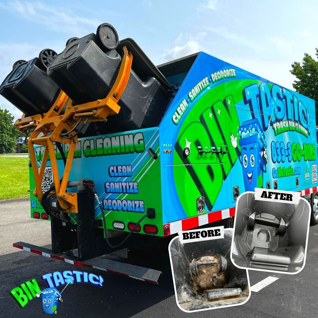 Garbage truck cleaning trash bins. Before and after shots show dirty, then clean bins.