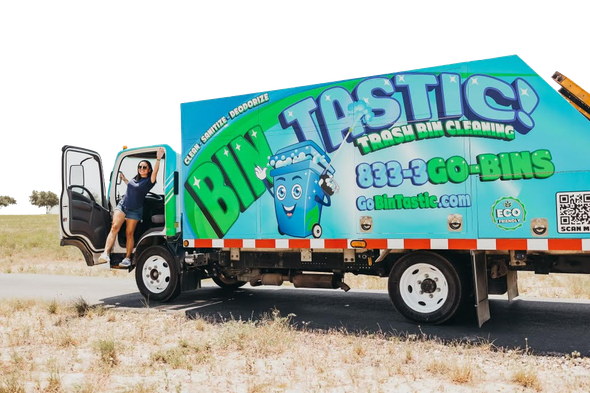 Person exits a bright blue