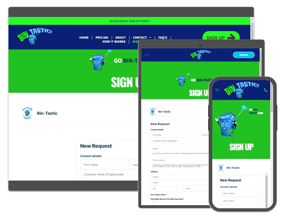 Website design on desktop, tablet, and mobile devices; green and blue color scheme; 