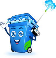 Blue cartoon trash bin smiling, waving, and spraying water from a nozzle. Bintastic garbage cleaning