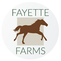Fayette Farms logo: brown horse silhouette within a square, centered in a white circle with text.