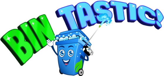 Blue trash bin with a smiling face holding the word