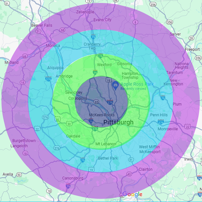 Map of Pittsburgh with concentric circles radiating outwards, indicating distances.