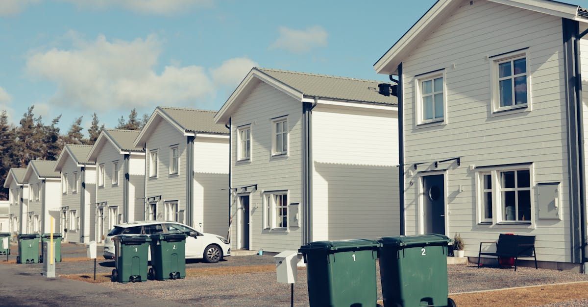 Row of light gray houses with green trash bins in front. Sunny day.