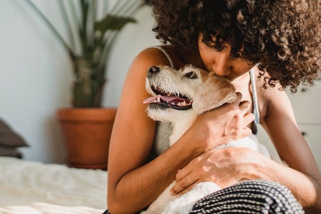 a tenant cuddling with their white terrier dog