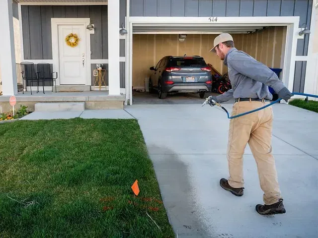 Worker spraying weed killer along driveway beside a garage and lawn in a suburban home.